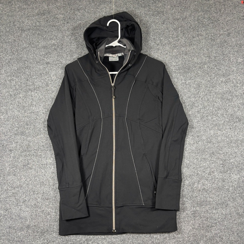 Athleta Long Hooded Zip Jacket Womens XS Black Ruched Back Thumbholes Pockets
